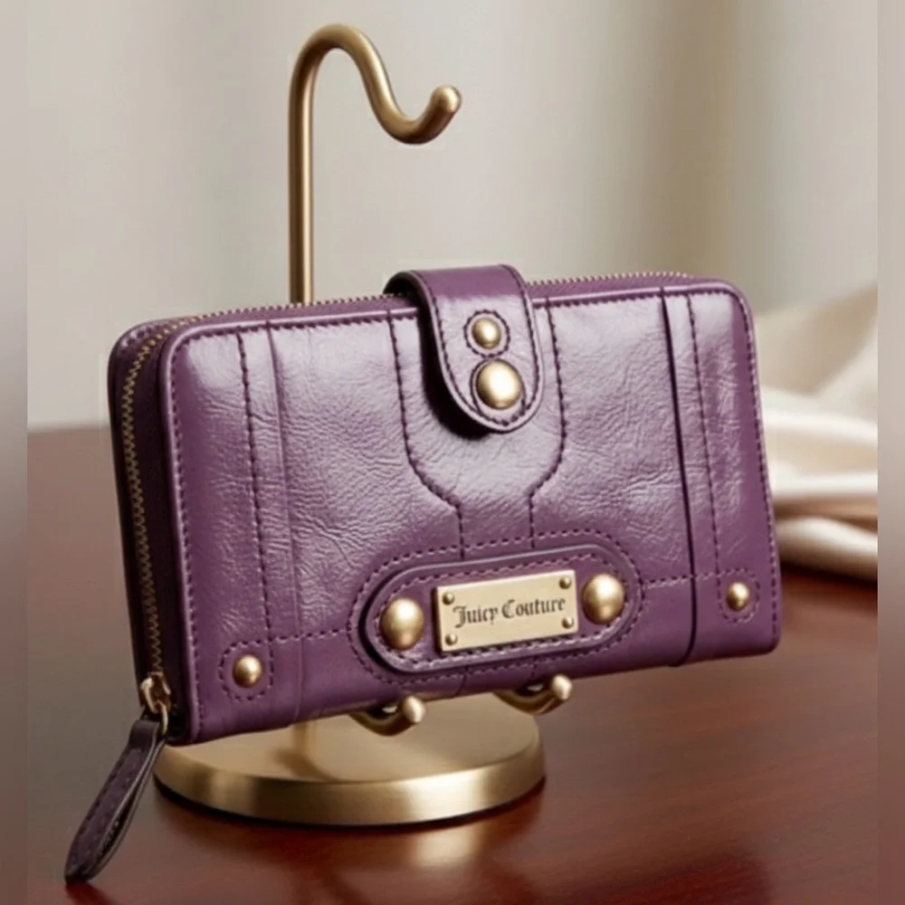 Vintage Juicy Couture Plum Leather Zip-Around Wallet with Gold Hardware
